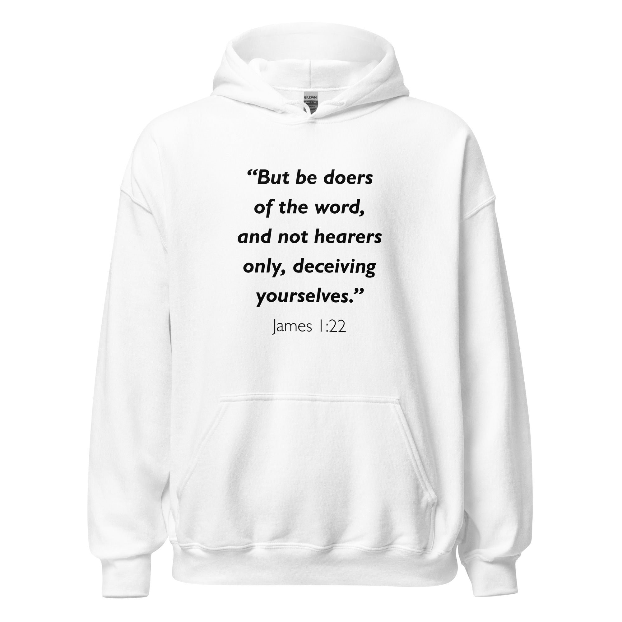 Unisex navy blue hoodie with James 1:22 Bible verse printed in black text on front