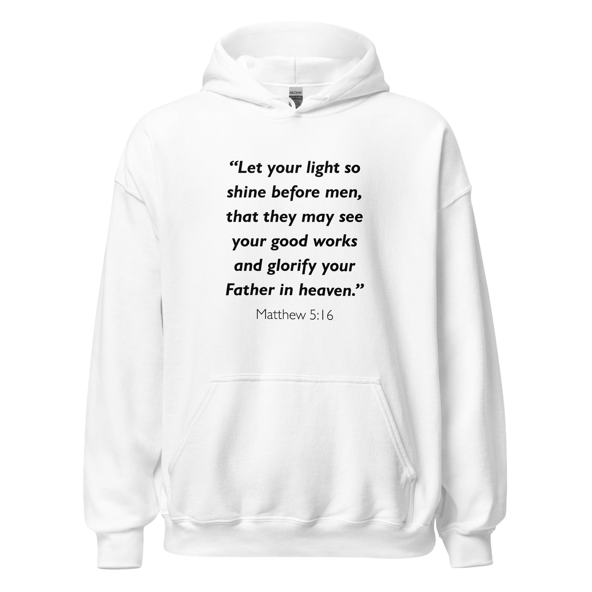Unisex navy blue hoodie with Matthew 5:16 Bible verse printed in black text on front