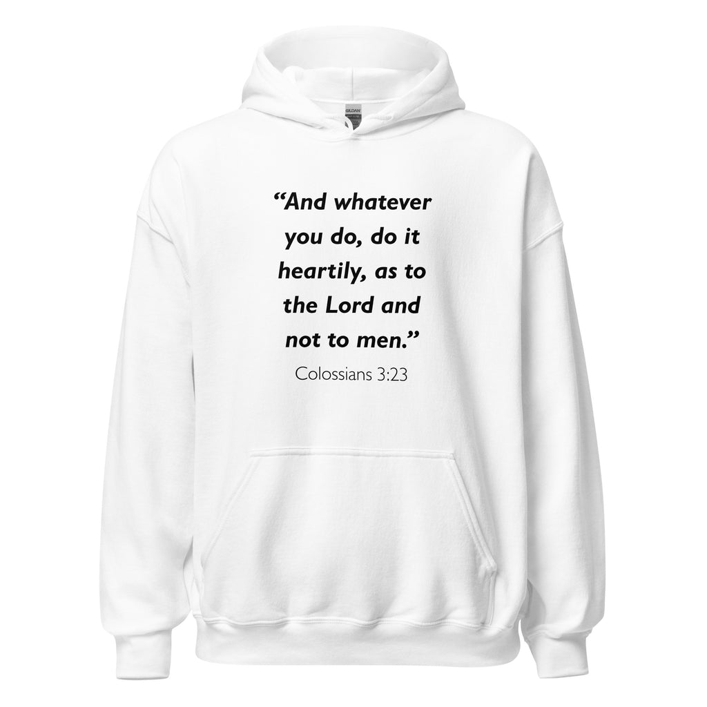 Unisex navy blue hoodie with Colossians 3:23 Bible verse printed across the chest