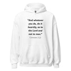 Unisex navy blue hoodie with Colossians 3:23 Bible verse printed across the chest