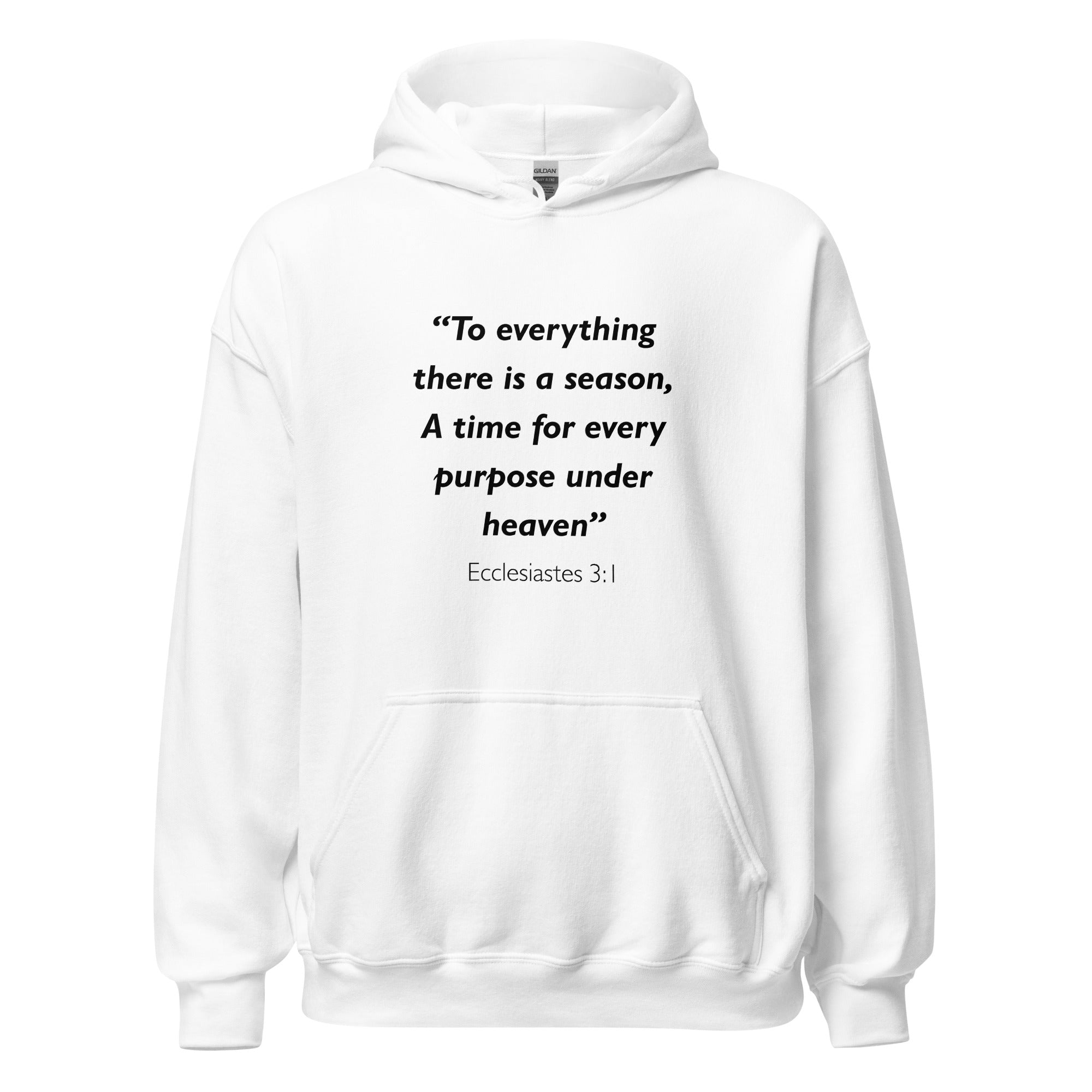 Unisex navy blue hoodie with Ecclesiastes 3:1 Bible verse printed in black text on front