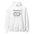 Unisex navy blue hoodie with Psalm 119:105 Bible verse printed in black text on front
