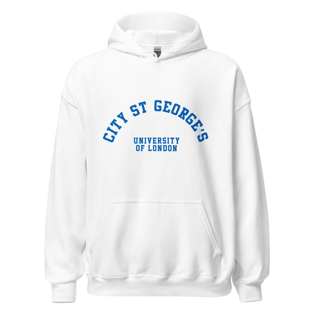 Unisex navy blue hoodie featuring St George's, University of London logo printed across the front chest