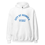 Unisex navy blue hoodie featuring St George's, University of London logo printed across the front chest