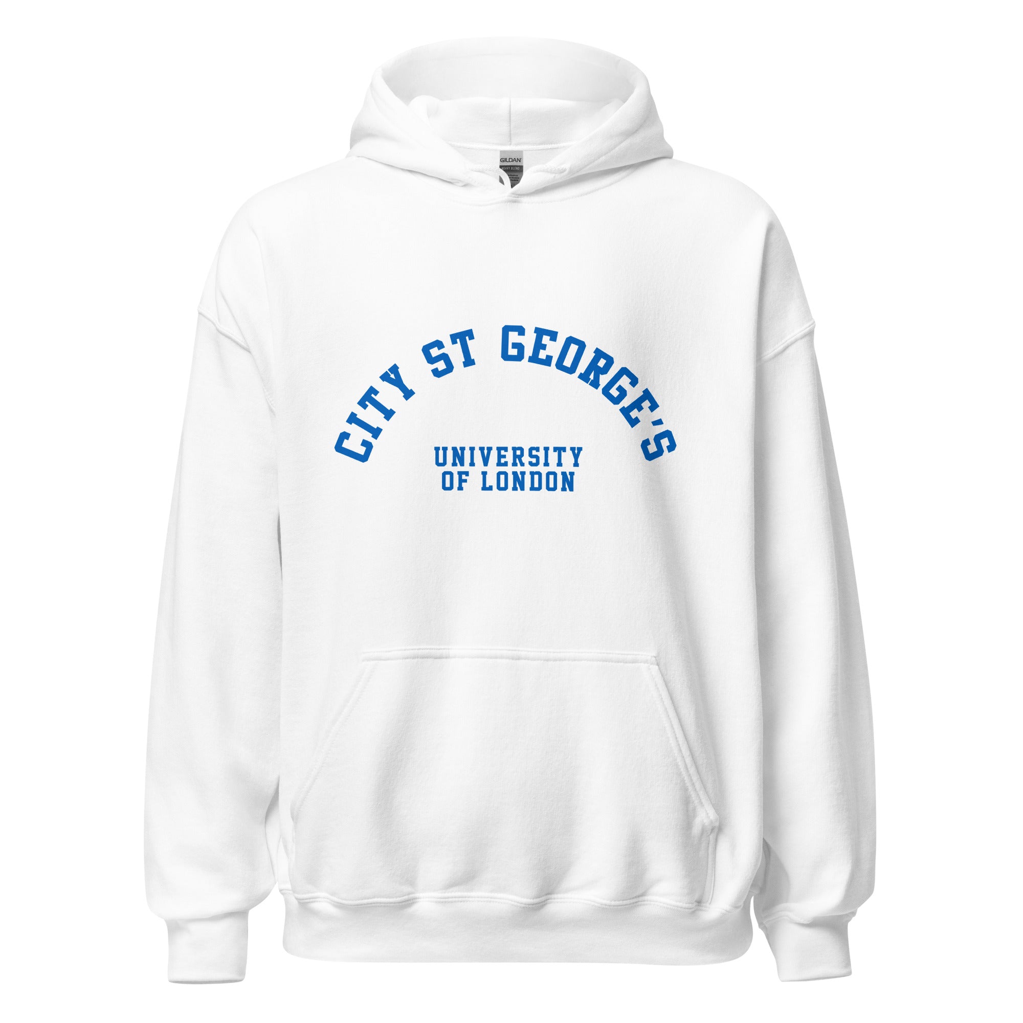 Unisex navy blue hoodie featuring St George's, University of London logo printed across the front chest