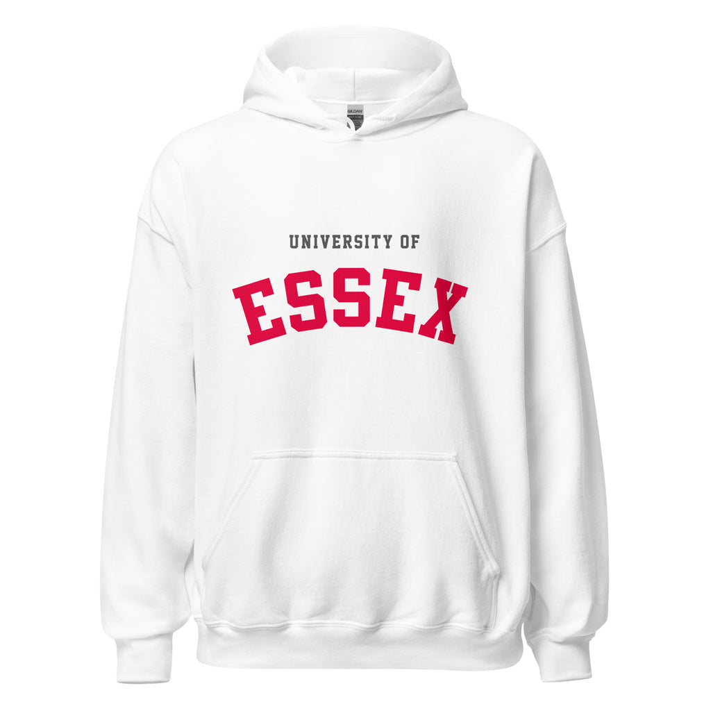 Unisex navy blue hoodie featuring University of Essex logo printed across the front chest