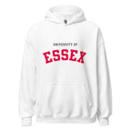 Unisex navy blue hoodie featuring University of Essex logo printed across the front chest