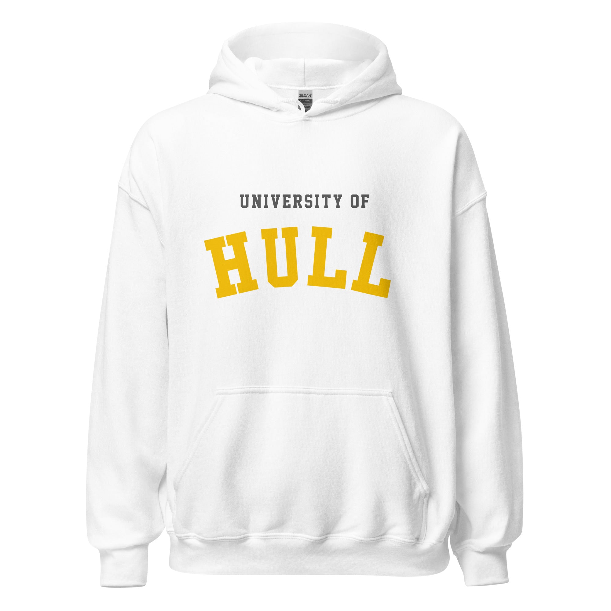 Unisex navy blue hoodie featuring University of Hull logo printed across the front chest
