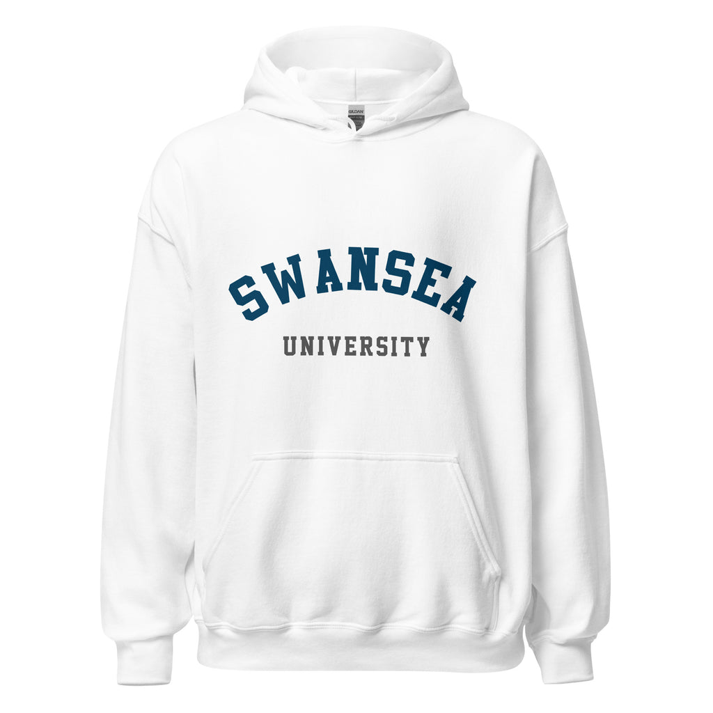 Unisex navy blue hoodie featuring Swansea University logo printed across the front chest