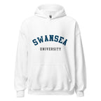 Unisex navy blue hoodie featuring Swansea University logo printed across the front chest