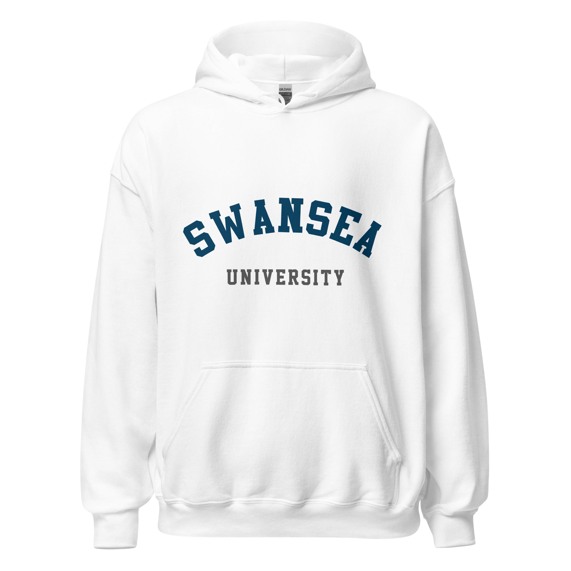 Unisex navy blue hoodie featuring Swansea University logo printed across the front chest