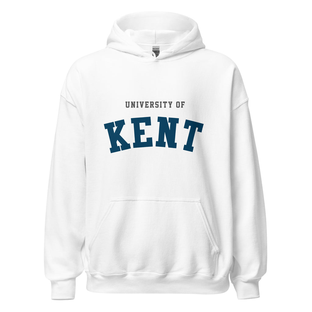 Unisex navy blue hoodie featuring University of Kent logo printed across the front chest