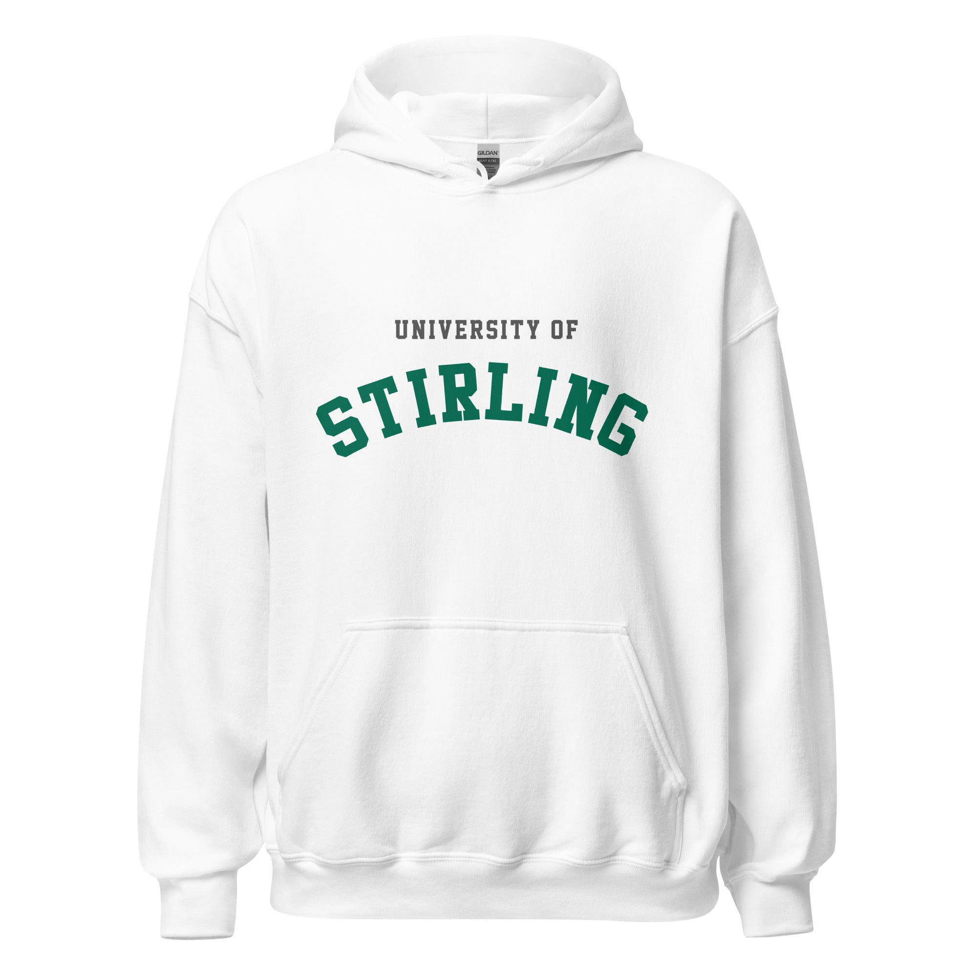 Unisex heather gray hoodie featuring University of Stirling logo printed across the front chest