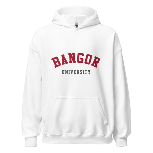 Unisex heather gray hoodie featuring Bangor University logo printed across the front chest