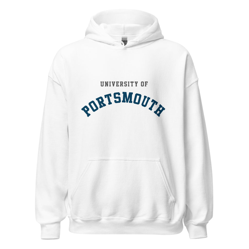 Unisex heather gray hoodie featuring University of Portsmouth logo printed across the front chest