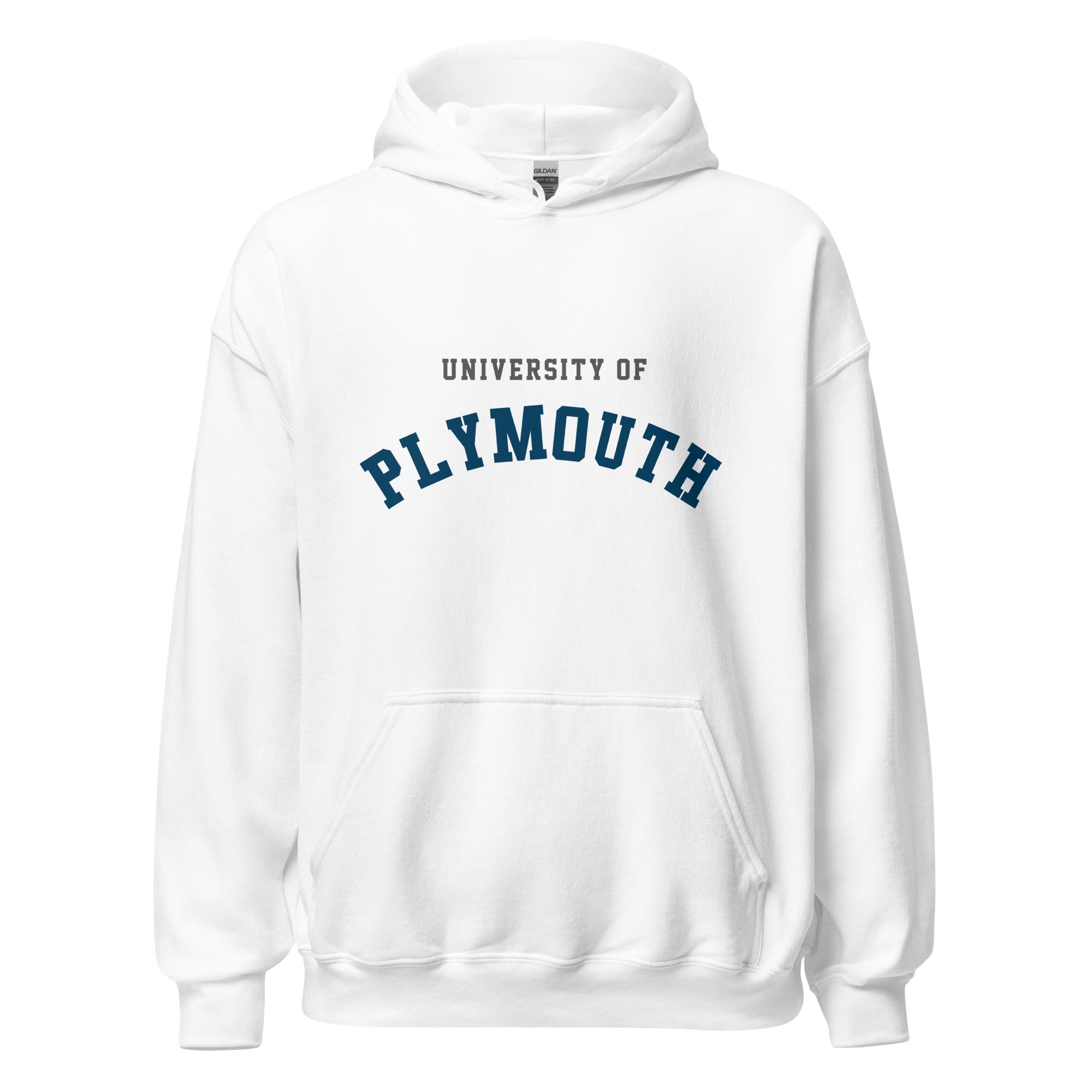Unisex heather gray hoodie featuring University of Plymouth logo printed across the front chest