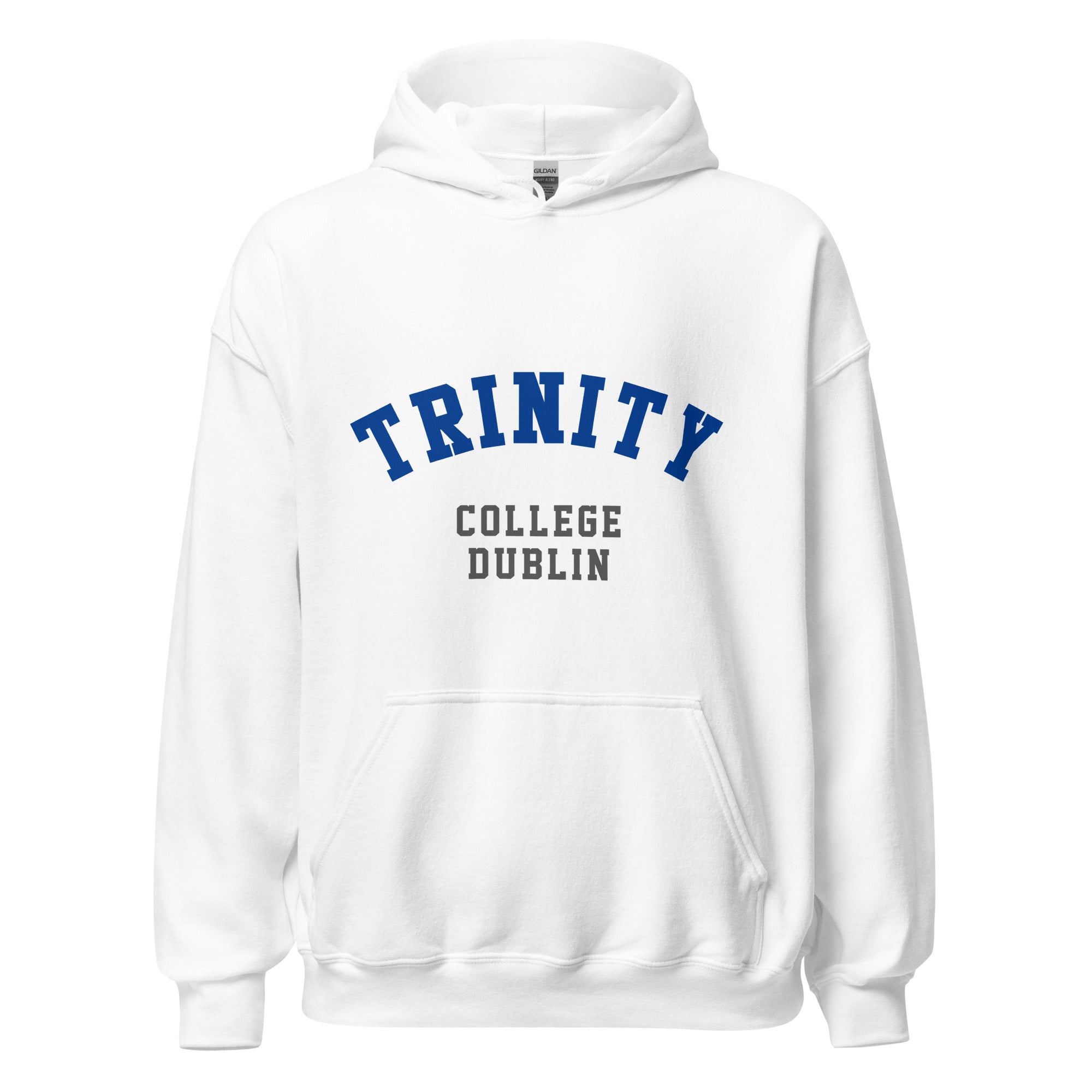 Unisex heather gray hoodie featuring Trinity College Dublin logo printed across the front chest