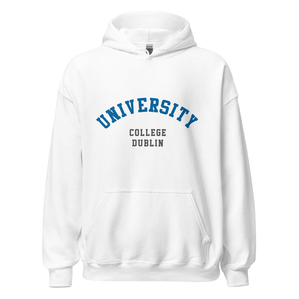 Unisex heather gray hoodie featuring University College Dublin logo printed across the front chest