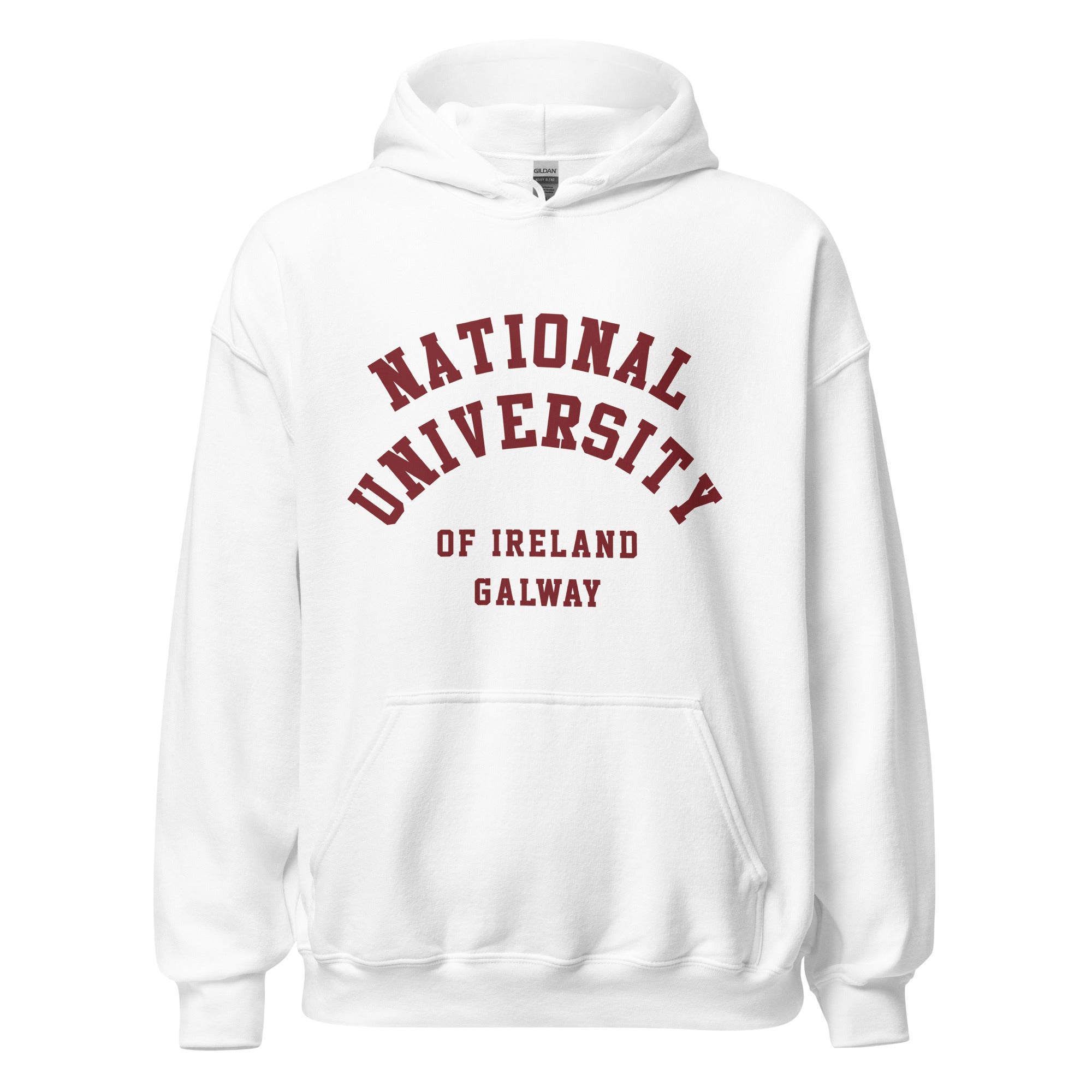 Unisex heather gray hoodie featuring National University of Ireland Galway logo printed across the front chest