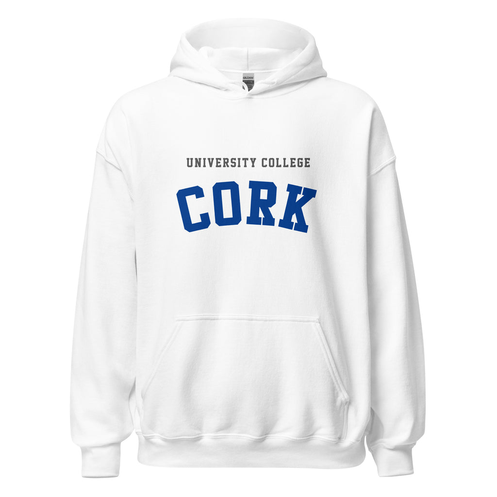 Unisex heather gray hoodie featuring University College Cork logo printed across the front chest