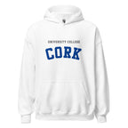 Unisex heather gray hoodie featuring University College Cork logo printed across the front chest