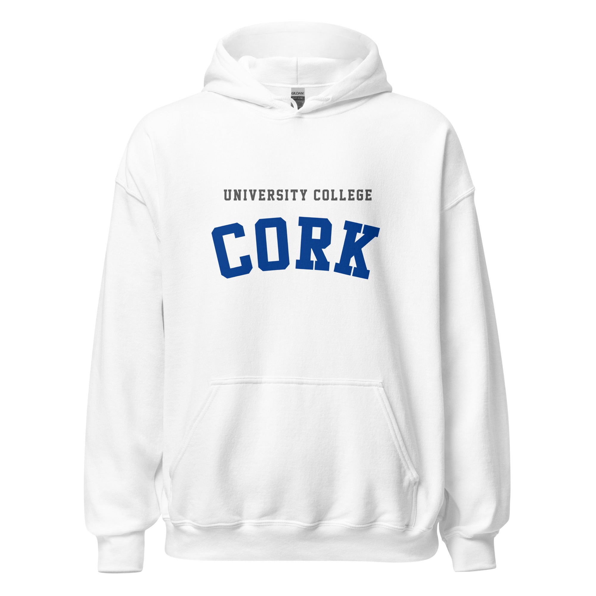 Unisex heather gray hoodie featuring University College Cork logo printed across the front chest