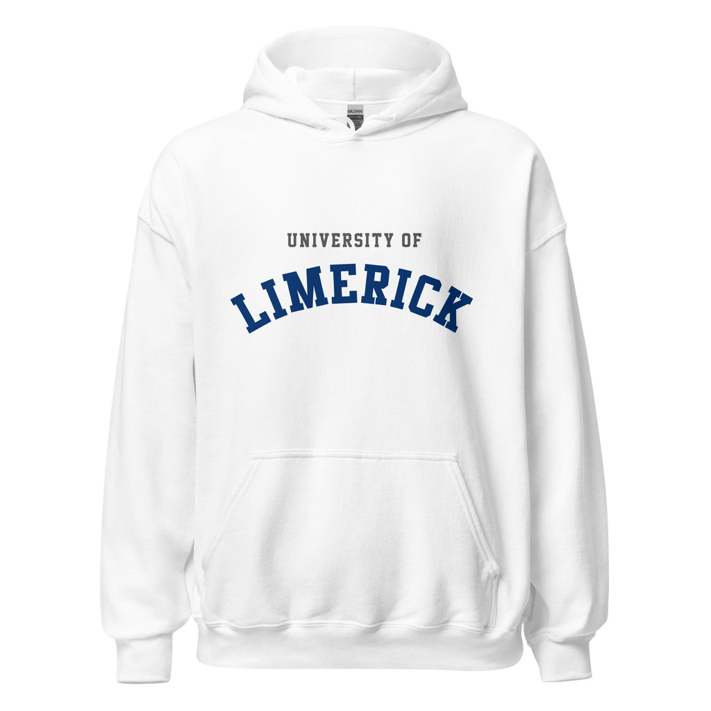 Unisex heather gray hoodie featuring University of Limerick logo printed across the front chest