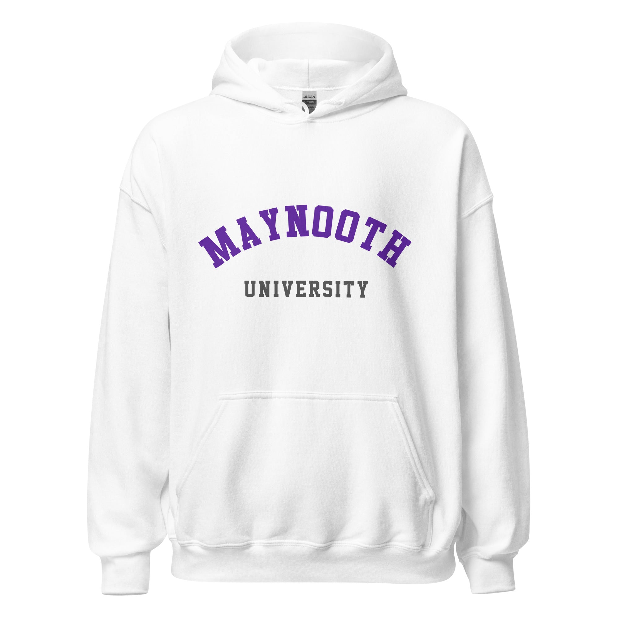 Unisex heather gray hoodie featuring Maynooth University logo printed across the front chest