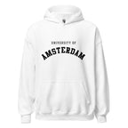 Unisex heather gray hoodie featuring University of Amsterdam logo printed across the front chest