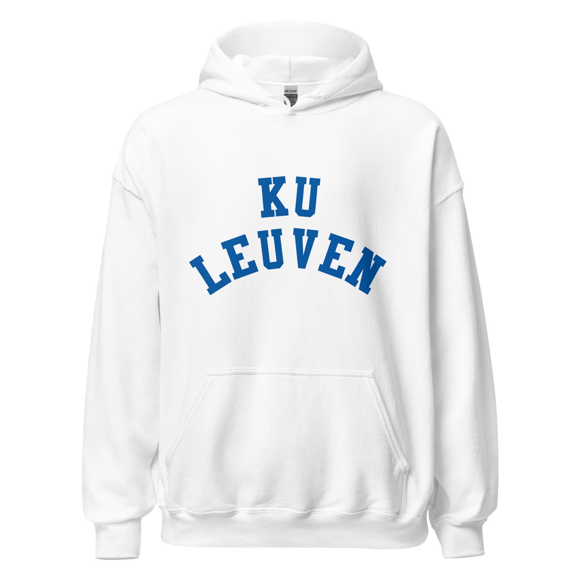 Unisex heather gray hoodie featuring KU Leuven logo printed across the front chest