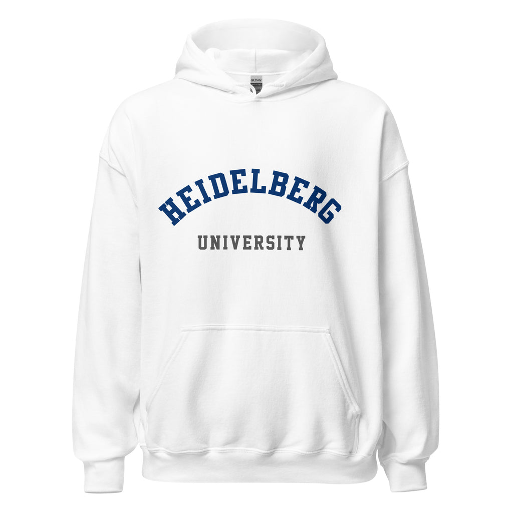 Unisex heather gray hoodie featuring Heidelberg University logo printed across the front chest