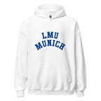 Unisex heather gray hoodie featuring LMU Munich logo printed across the front chest