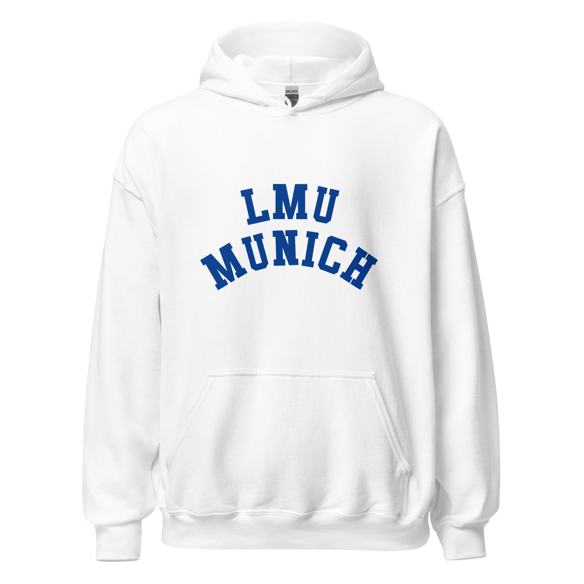 Unisex heather gray hoodie featuring LMU Munich logo printed across the front chest