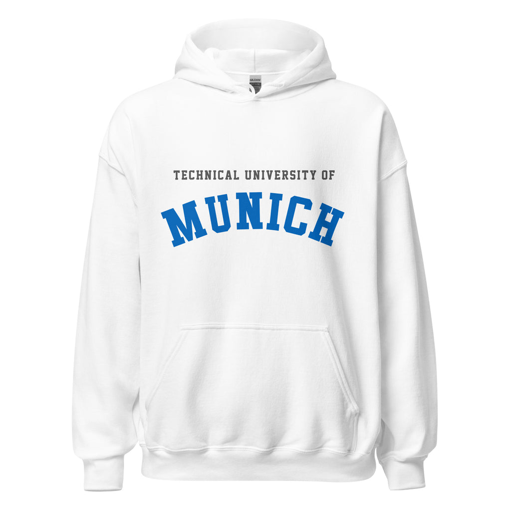 Unisex heather gray hoodie featuring Technical University of Munich logo printed across the front chest