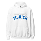 Unisex heather gray hoodie featuring Technical University of Munich logo printed across the front chest