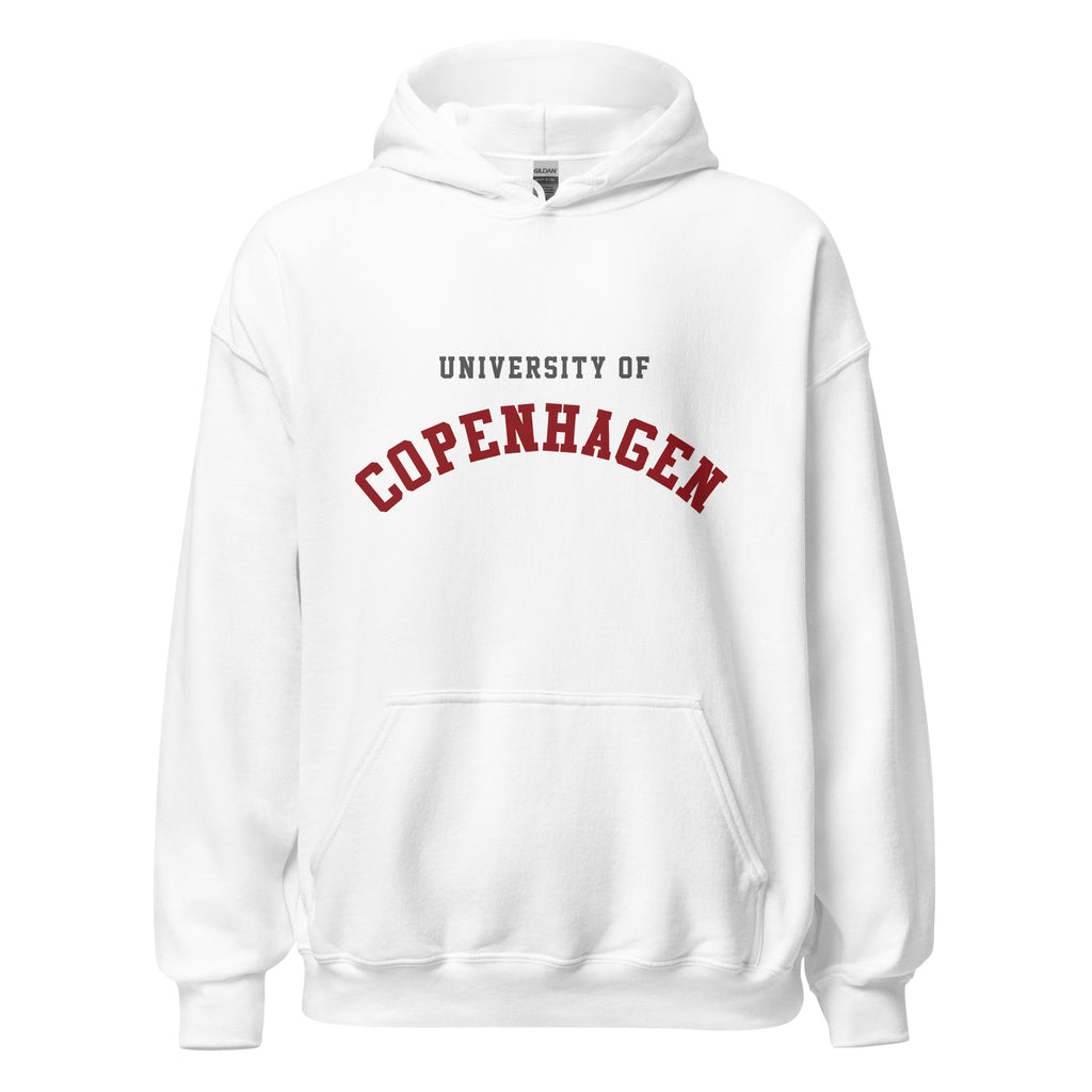 Unisex heather gray hoodie featuring University of Copenhagen logo printed across the front chest