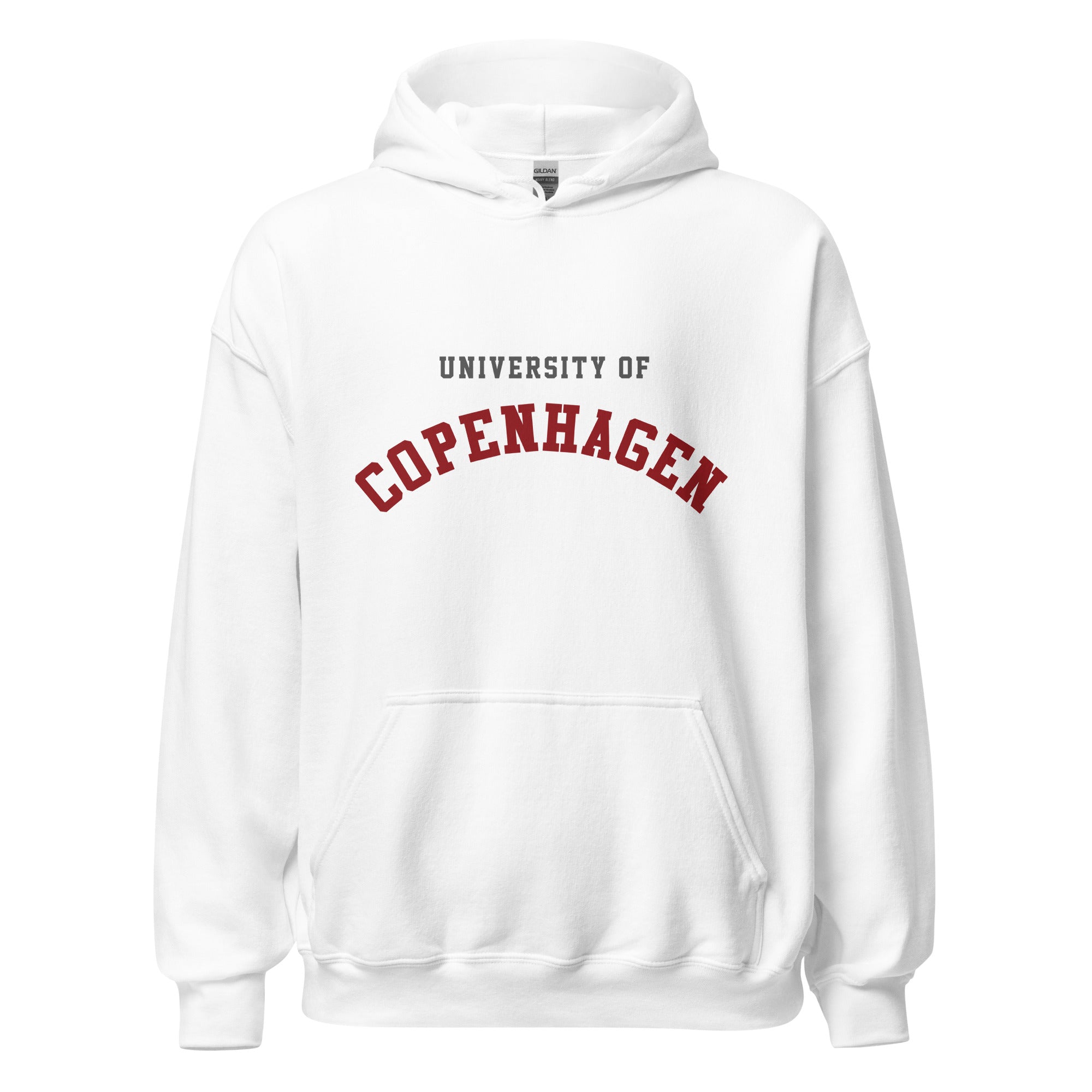 Unisex heather gray hoodie featuring University of Copenhagen logo printed across the front chest