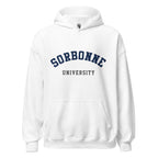 Unisex heather gray hoodie featuring Sorbonne University logo printed across the front chest
