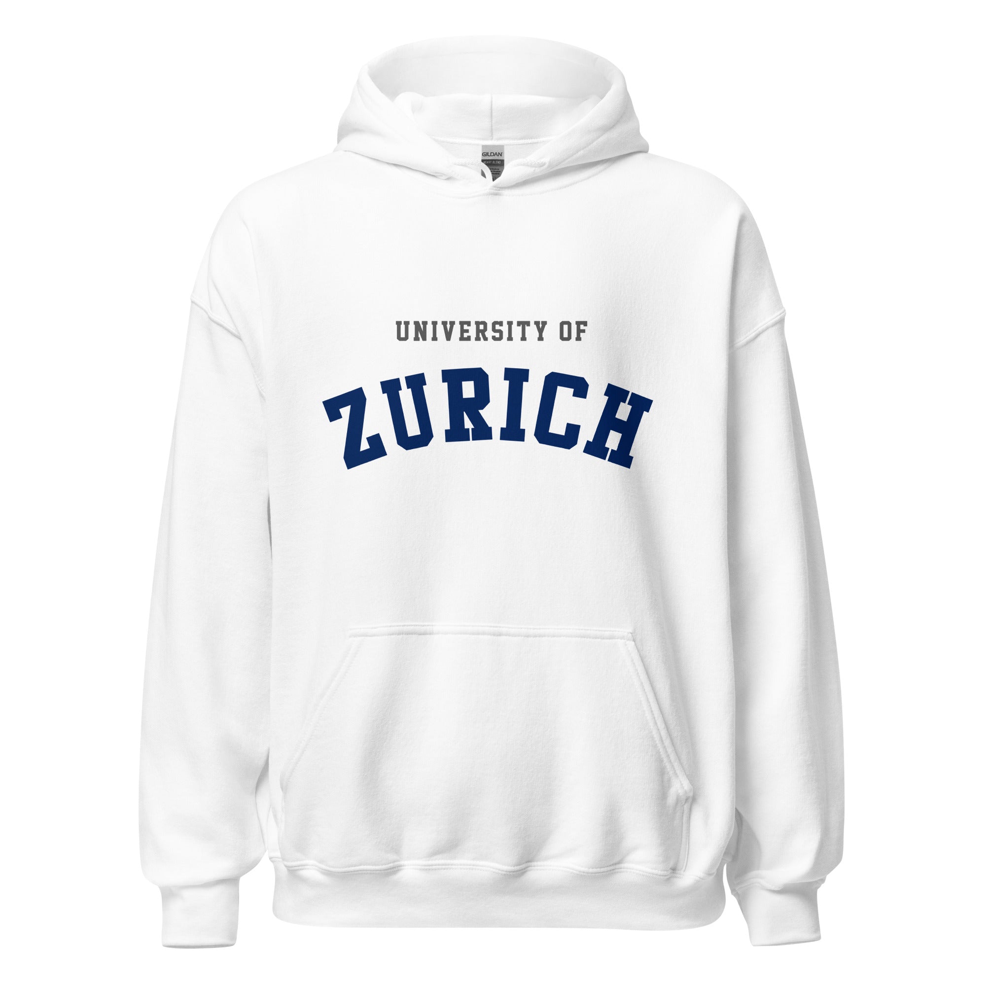 Unisex heather gray hoodie featuring University of Zurich logo printed across the front chest