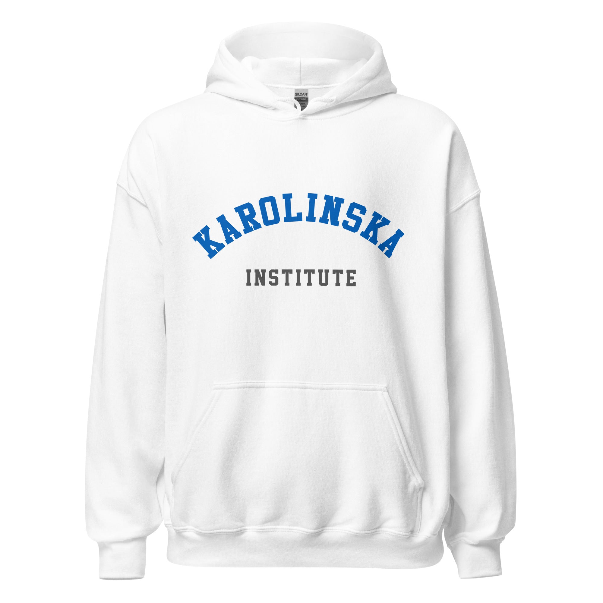Unisex heather gray hoodie featuring Karolinska Institute logo printed across the front chest