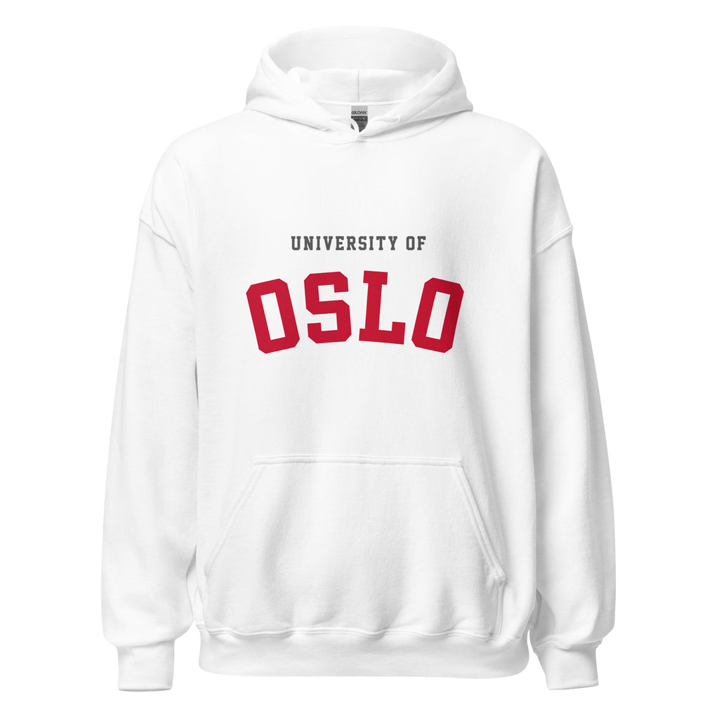 Unisex heather gray hoodie featuring University of Oslo logo printed across the front chest