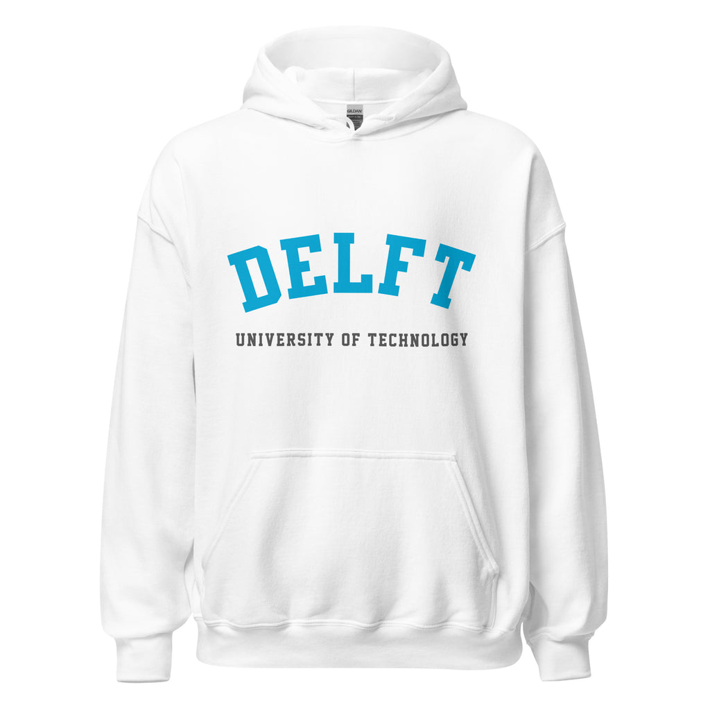 Unisex heather gray hoodie featuring Delft University of Technology logo printed across the front chest
