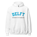 Unisex heather gray hoodie featuring Delft University of Technology logo printed across the front chest