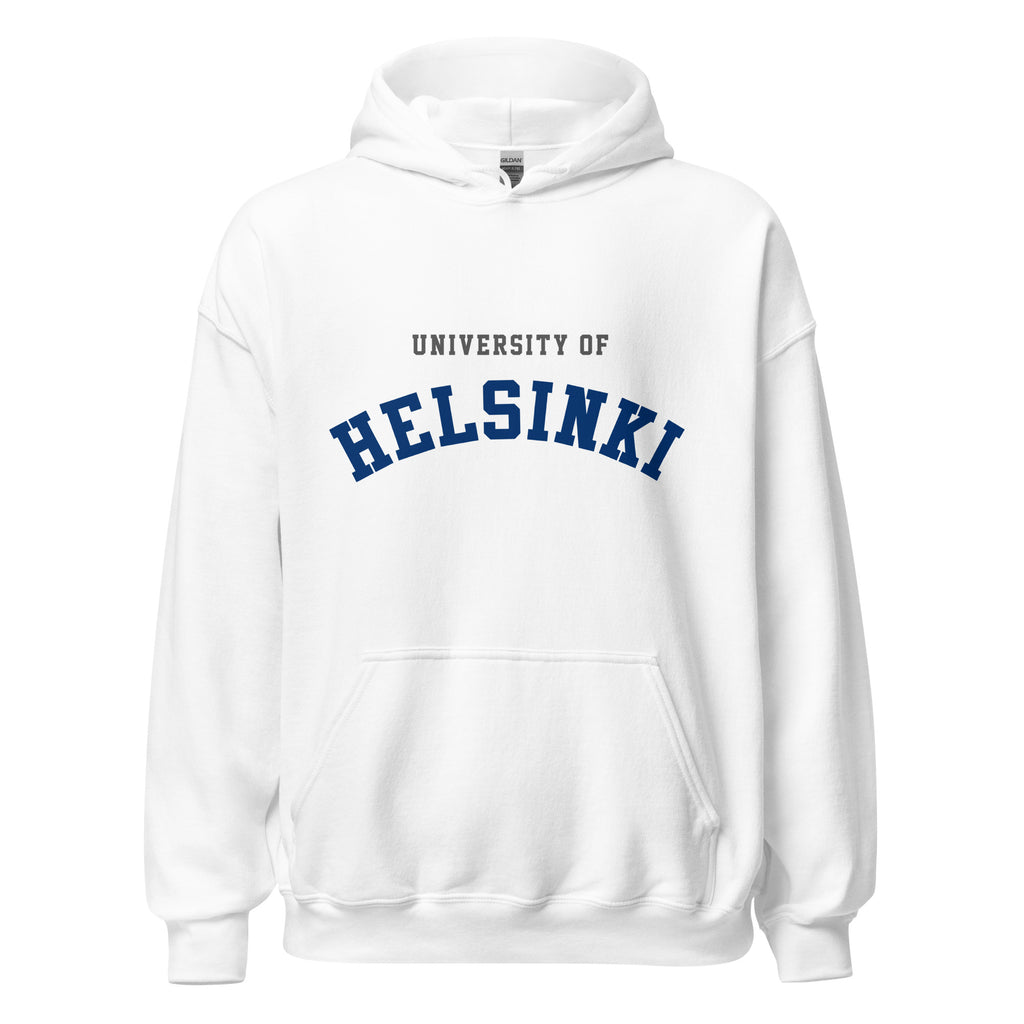 Unisex heather gray hoodie featuring University of Helsinki logo printed across the front chest