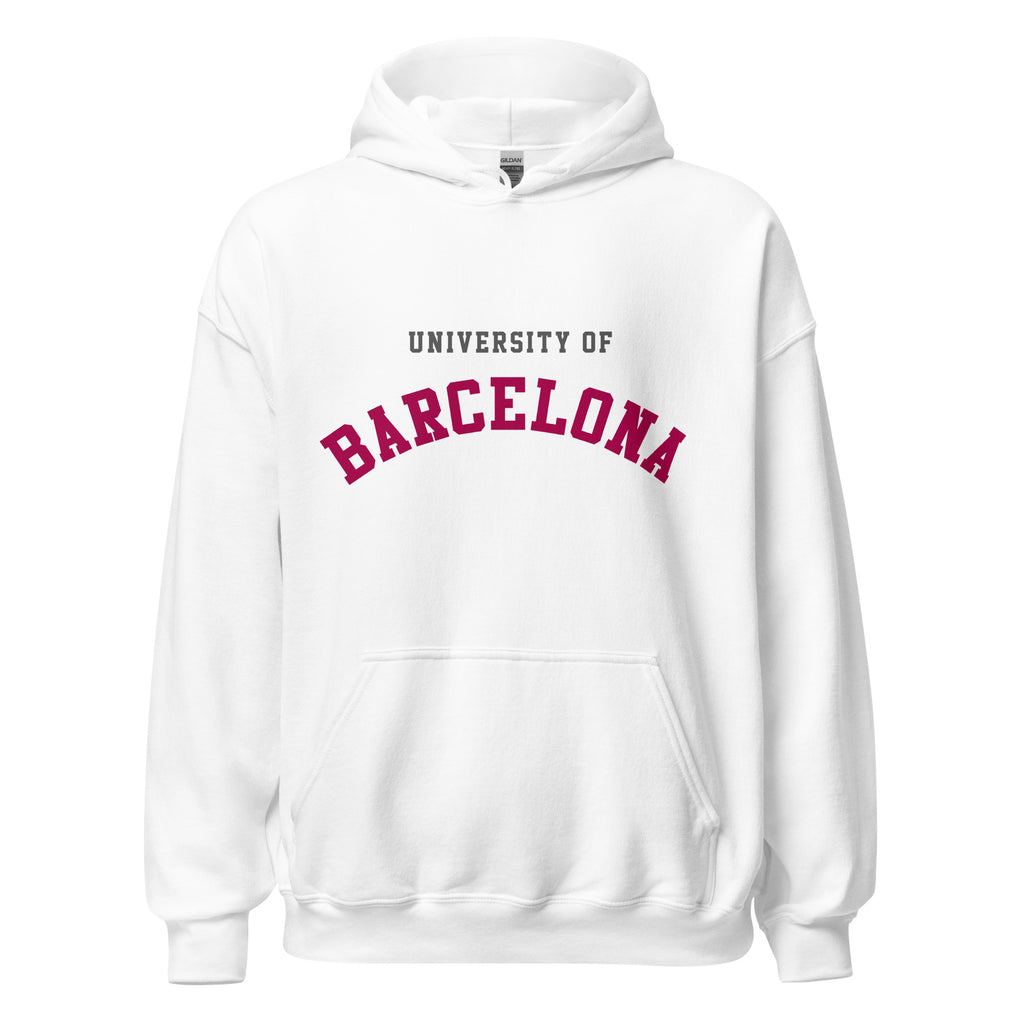 Unisex heather gray hoodie featuring University of Barcelona logo printed across the front chest
