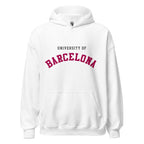 Unisex heather gray hoodie featuring University of Barcelona logo printed across the front chest