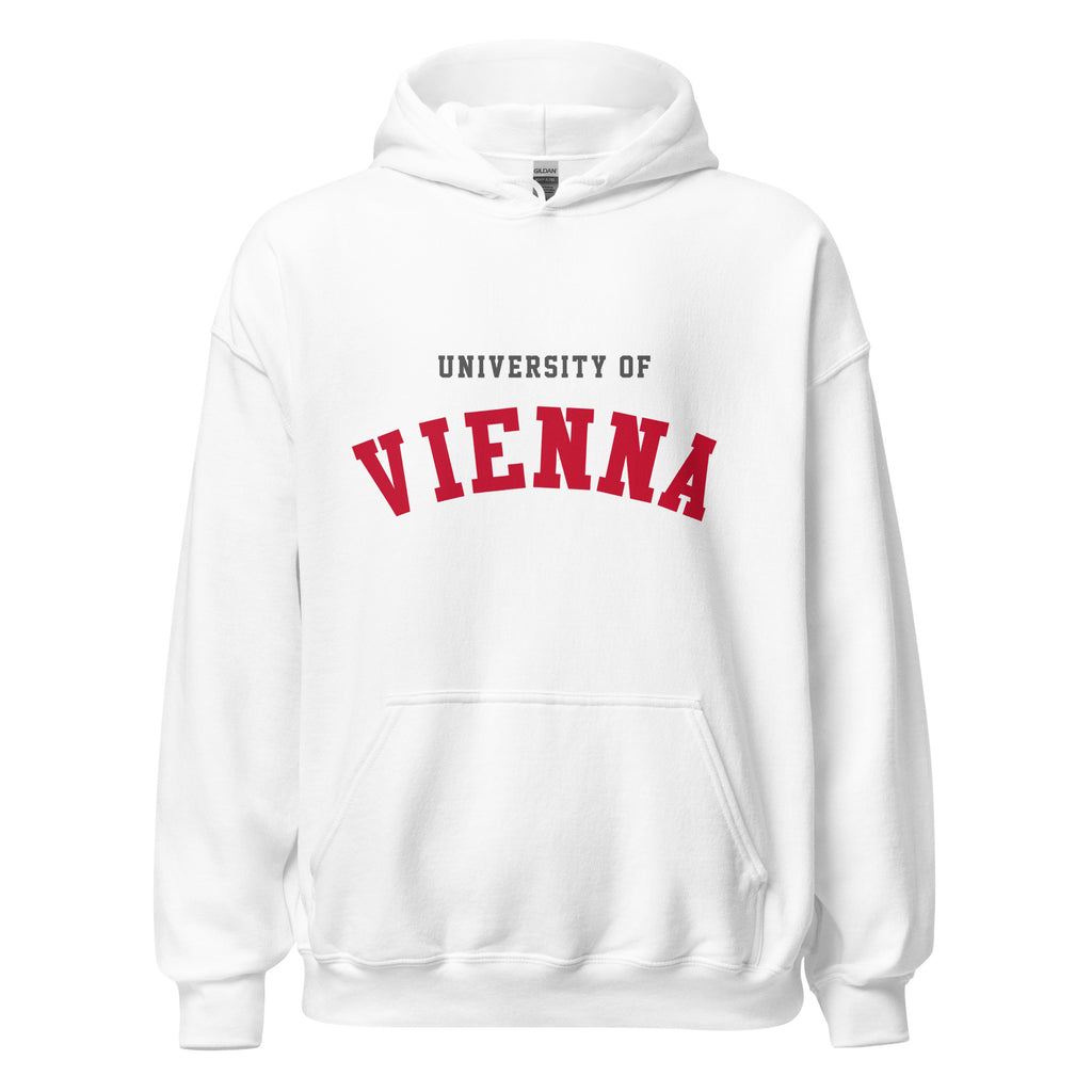 Unisex heather gray hoodie featuring University of Vienna logo printed across the front chest