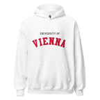 Unisex heather gray hoodie featuring University of Vienna logo printed across the front chest