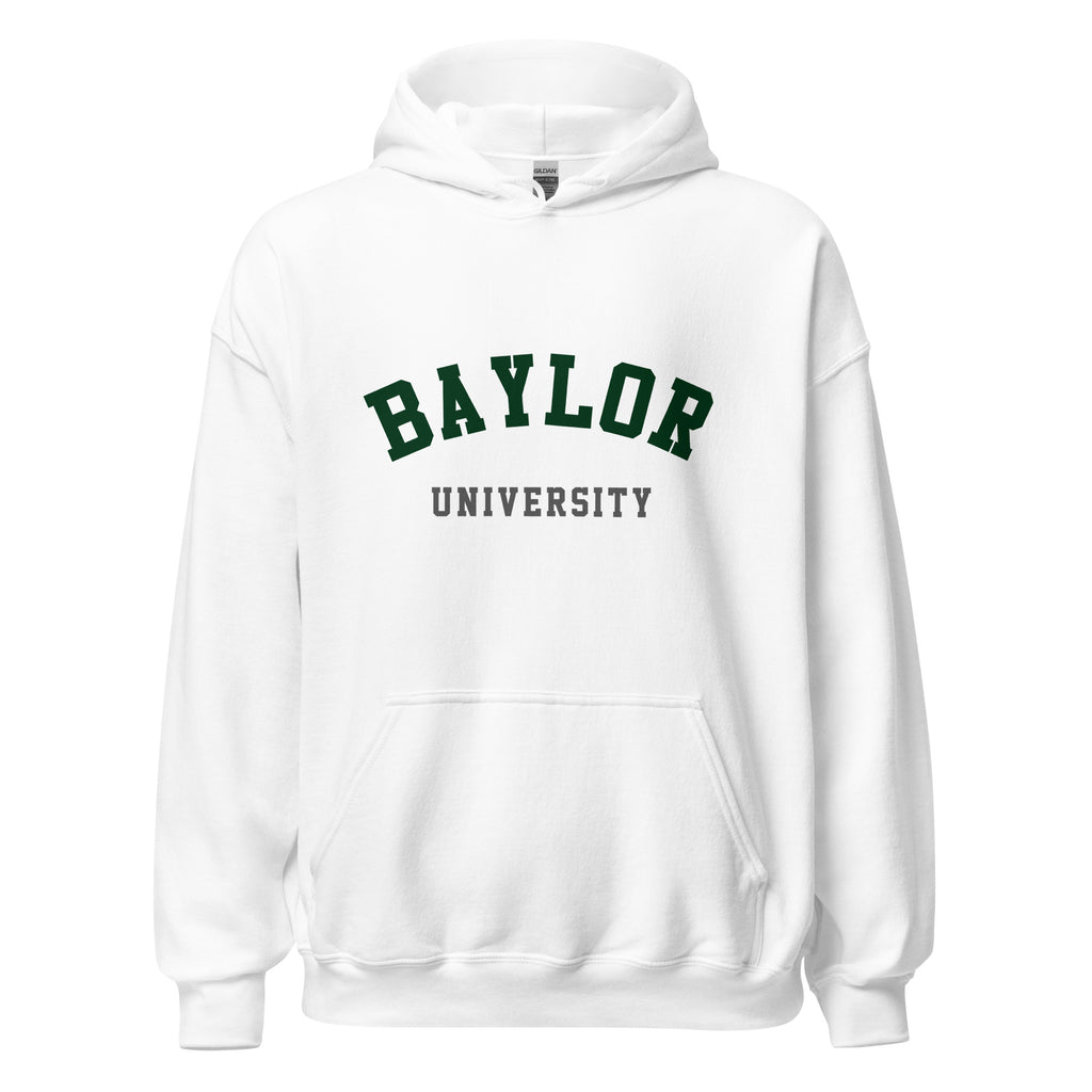 Unisex heather gray hoodie featuring Baylor University logo printed across the front chest