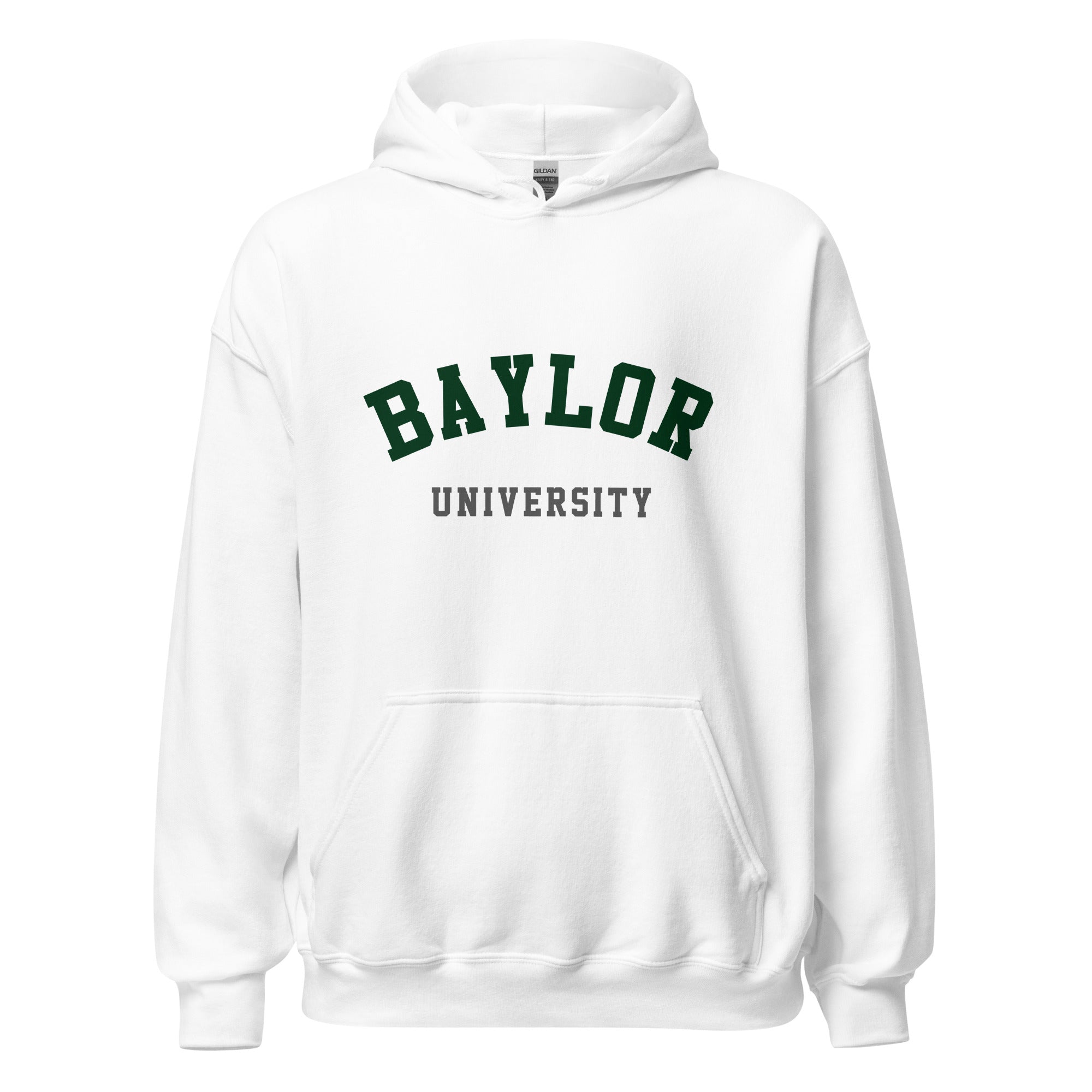Unisex heather gray hoodie featuring Baylor University logo printed across the front chest